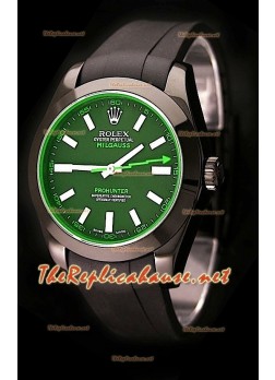 Rolex Milgauss Pro Hunter Reloj Suizo con Correa de Caucho y Zafiro Verde 