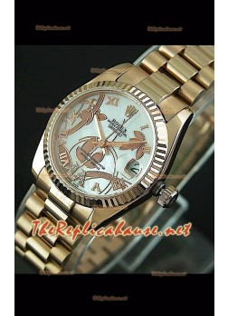Reloj japonés Rolex Datejust para damas con estuche rosa dorado.