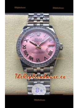 Reloj Rolex Superclon Datejust de 31 mm con esfera rosa y números romanos, caja de acero