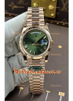 Reloj Rolex Day Date 228236 de oro rosa con esfera verde y números romanos, réplica de alta calidad