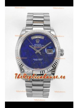 Reloj réplica suizo Rolex Day Date de acero inoxidable con esfera azul lapislázuli de 36 mm
