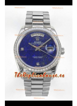 Reloj réplica suizo Rolex Day Date con esfera azul lapislázuli y bisel de diamantes de 36 mm