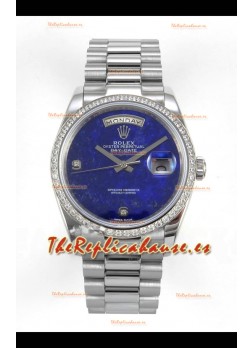 Reloj réplica suizo Rolex Day Date con esfera azul lapislázuli y bisel de diamantes de 36 mm