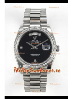 Reloj réplica suizo Rolex Day Date con esfera negra, diamantes y bisel de 36 mm
