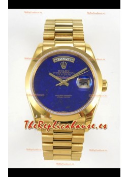 Reloj réplica suizo Rolex Day Date de oro amarillo con esfera azul lapislázuli de 36 mm