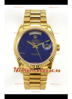 Reloj réplica suizo Rolex Day Date de oro amarillo con esfera azul lapislázuli de 36 mm