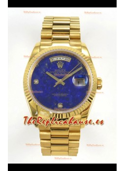 Reloj réplica suizo Rolex Day Date de oro amarillo con esfera azul lapislázuli de 36 mm