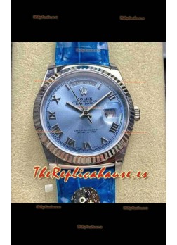Reloj Rolex Day Date 128236 de acero inoxidable con esfera azul hielo y números romanos, réplica perfecta