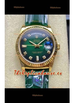 Reloj Rolex Day Date 128238 de oro amarillo con esfera verde degradada y diamantes, réplica de alta calidad