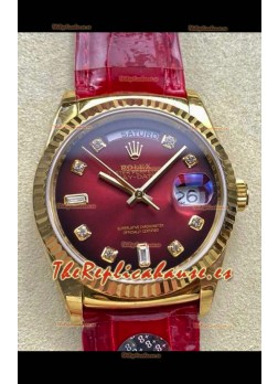 Reloj Rolex Day Date 128238 de oro amarillo con esfera roja degradada y diamantes, réplica de alta calidad