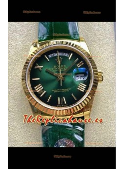 Reloj Rolex Day Date 128238 de oro amarillo con esfera verde degradada y números romanos, réplica de alta calidad