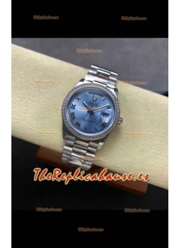 Reloj réplica suizo Rolex Day Date 128396TBR con caja de acero, esfera azul hielo con números romanos