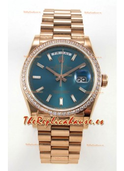 Reloj Rolex Day Date 128345, oro rosa, esfera de cristal verde, diamantes, bisel, superréplica