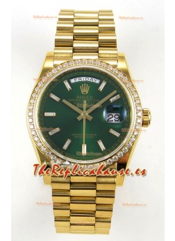 Reloj Rolex Day Date 128348, oro amarillo, esfera de cristal verde, diamantes, bisel, superréplica