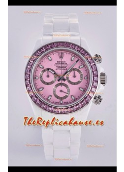 Reloj Rolex Daytona AET de cerámica blanca con esfera rosa y movimiento 4130, superclon