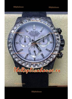 Reloj Rolex Daytona Superclon con esfera blanca, fibra de carbono negra y correa de nailon