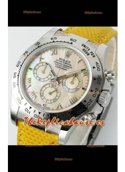 Reloj Rolex Daytona 116519 de acero inoxidable con correa de cuero y perlas amarillas, réplica de alta calidad