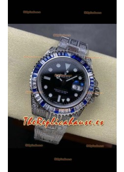 Reloj Rolex GMT Masters II superclone con incrustaciones de diamantes y esfera negra
