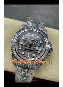 Reloj Rolex GMT Masters II con esfera y caja con incrustaciones de diamantes, réplica exacta
