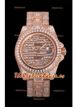 Reloj Rolex GMT Masters II con esfera y caja de oro rosa con incrustaciones de diamantes, réplica de alta calidad