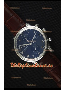 IWC Portuguese  Reloj Replica Cronógrafo a Espejo 1:1 Dial Negro Correa Marrón con Diamantes