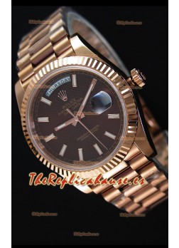 Rolex Day-Date 40MM Reloj en Oro Rosado y Dial texturizado en color Marrón con Marcadores de Hora tipo Stick