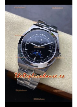 Reloj réplica suizo Vacheron Constantin Overseas True Moon Phase de acero con esfera negra
