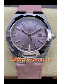 Reloj Vacheron Constantin Overseas de 35 mm con esfera rosa y correa de cuero, réplica perfecta