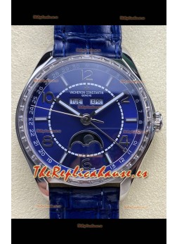 Reloj réplica suizo Vacheron Constantin Fiftysix con fase lunar, esfera azul y caja de acero