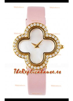 Reloj Van Cleef & Arpels Alhambra de oro amarillo con diamantes y correa rosa