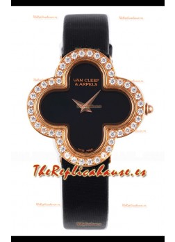 Van Cleef & Arpels Alhambra, Reloj de oro rosa con bisel de diamantes y correa negra