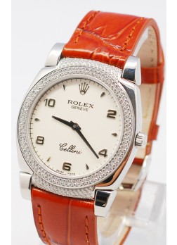 Rolex Celleni Cestello Reloj Suizo Señoras con Esfera Blanca, Correa de Piel con Diamantes en Horas, Bisel y Terminales 