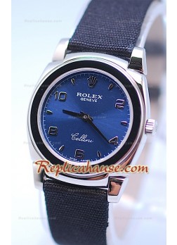 Rolex Celleni Cestello Reloj Suizo Señoras Esfera Azul plata y Correa de Nilón