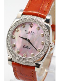 Rolex Celleni Cestello Reloj Suizo Señoras Penk con Esfera Perla, Correa de Piel con Diamantes en Horas, Bisel y Terminales