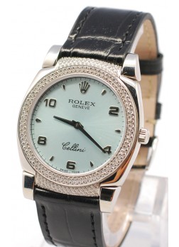 Rolex Celleni Cestello Reloj Suizo Señoras con Esfera Azul, Correa de Piel Negra y Diamantes en Bisel y Lugs