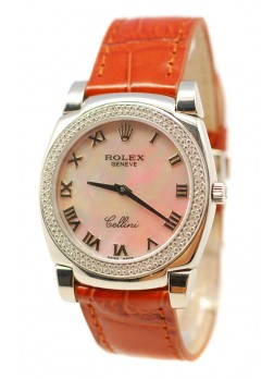 Rolex Celleni Cestello Reloj Suizo Señoras con Esfera Beige Perla Romana, Correa de Piel y Diamantes en Bisel