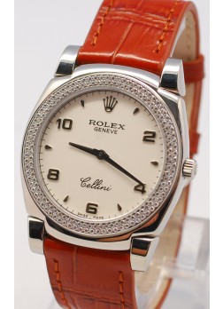 Rolex Celleni Cestello Reloj Suizo Señoras con Esfera Blanca, Correa de Piel y Diamantes en Bisel