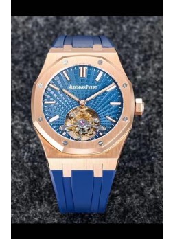 Audemars Piguet Royal Oak Tourbillon Dial Azul 41mm en Caja Acero 904L chapado en Oro Rosado Correa de Goma Ultima Réplica 1:1