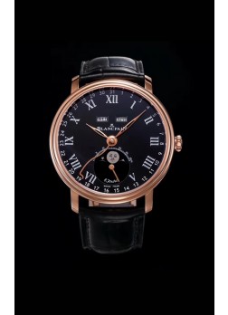 Blancpain "Villeret Quantième Complet" 904L Steel Rose Gold Watch in Black Dial