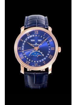 Blancpain "Villeret Quantième Complet" Reloj en Acero 904L Oro Rosado Dial Azul