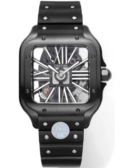 Santos De Cartier Reloj Dial Skeleton - Caja y Bisel Revestida en DLC Correa de Goma