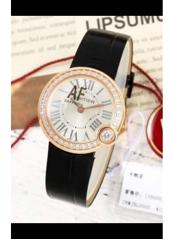 Ballon Blanc De Cartier Reloj Réplica Cuarzo Suizo Bisel Diamantes Caja Oro Rosado Correa Piel