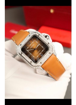 Santos De Cartier Watch in Dial Marrón 39.50MM  Bisel Pavimentado en Moissanitas Reloj Réplica Suizo