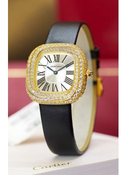 Coussin De Cartier Oro Amarillo Reloj Réplica Suizo Correa Negra