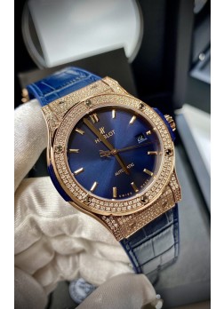 Hublot Classic Fusion Diamonds Rose Gold Steel Dial Azul Reloj Réplica Suizo 1:1 Calidad Espejo