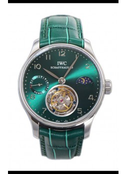 IWC Portugese Hand-Wound Genuino Tourbillon Dial Verde Caja Acero Reloj Réplica Suiza 