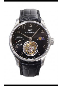 IWC Portugese Hand-Wound Genuino Tourbillon Dial Negro Caja Acero Reloj Réplica Suiza 
