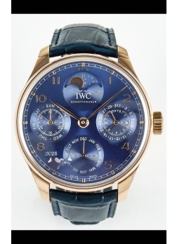 IWC Super Clone Portuguese Perpetual Calendar Rose Dial Dorado Azul Reloj Réplica