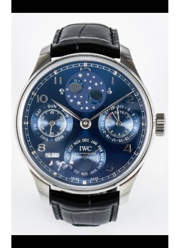 IWC Super Clone Portuguese Perpetual Calendar Stainless Dial Azul Acero Reloj Réplica