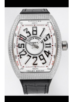 Franck Muller Vanguard Crazy Hours Caja Acero Inoxidable Diamantes - Dial Blanco Reloj Réplica Suizo